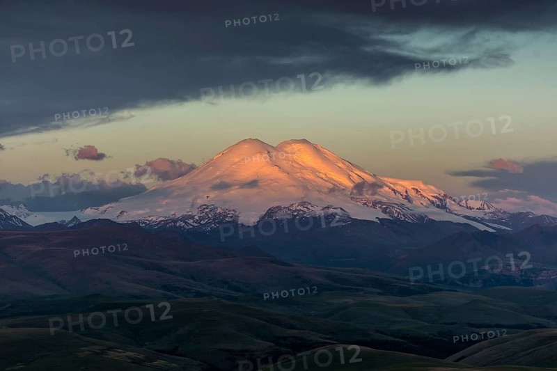 Beautiful view of Mount Elbrus at sunrise, North Caucasus mountains, Russia