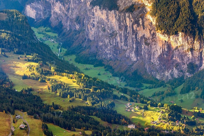 Lauterbrunnen valley, village and Staubbach waterfall in Swiss Alps, Switzerland