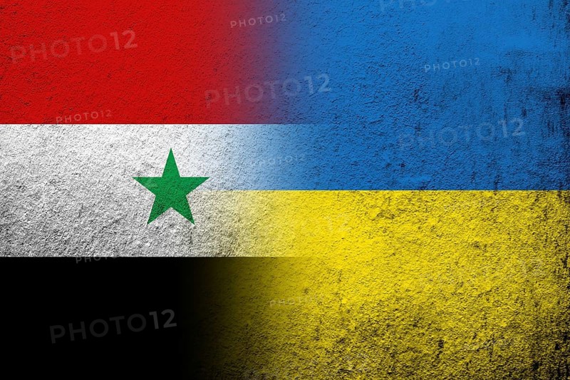 The Syrian Arab Republic National flag with National flag of Ukraine. Grunge background