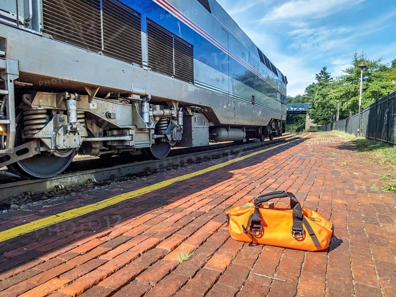 Kirkwood, Mo, USA - August 12, 2017: Morning Amtrak train, River Runner, from St Louis to Kansas City arrives at Kirkwood station