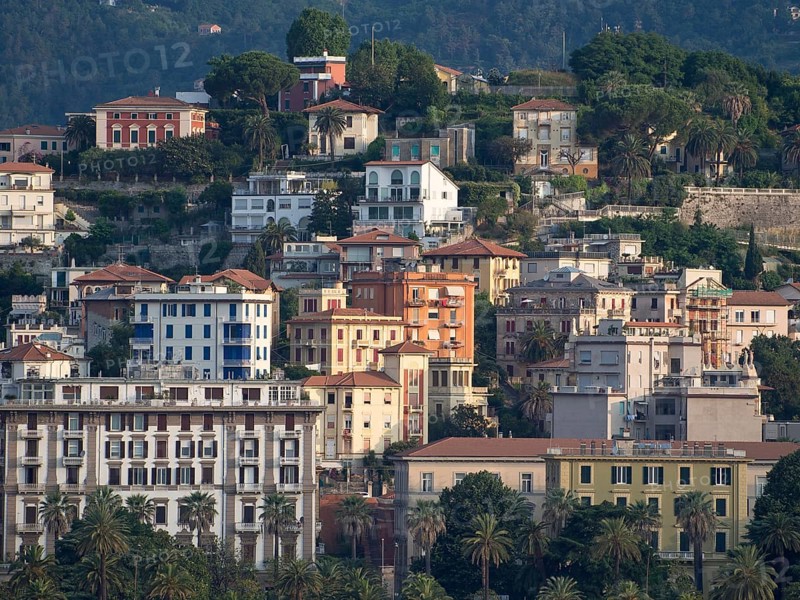 View of colourful houses nestled on a hill surrounded by lush vegetation, La Spezia, Italy