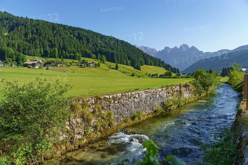 A clear river flows between wide green meadows and a mountain landscape under a bright blue sky, small stream in a valley in the mountains with green meadows and forests, gosau, austria