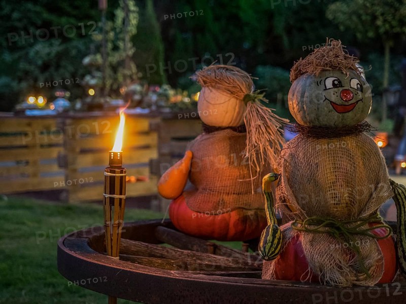 Two pumpkin sculptures sitting on a wooden wheel, illuminated by a burning torch in the evening garden, borken, münsterland, Germany