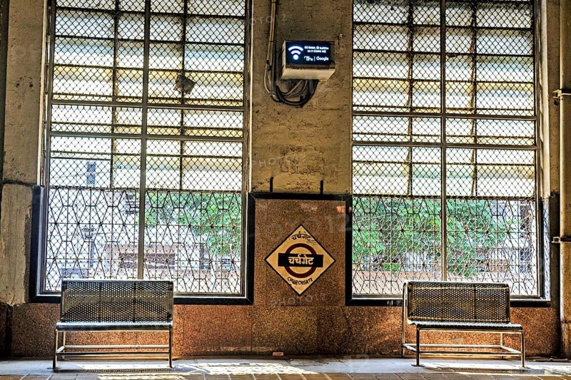 Churchgate Railway Station empty bench on platform, Mumbai, Maharashtra, India