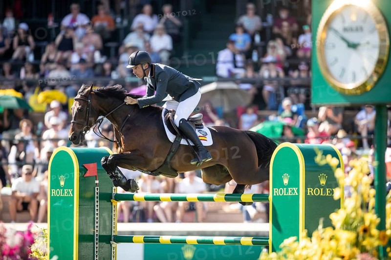 Armando Trapote of Spain and riding Tornado VS compete in the first round of the 1.60m CPKC International during the Spruce Meadows Masters, presented by Rolex, in Calgary, Alberta, Canada, North America