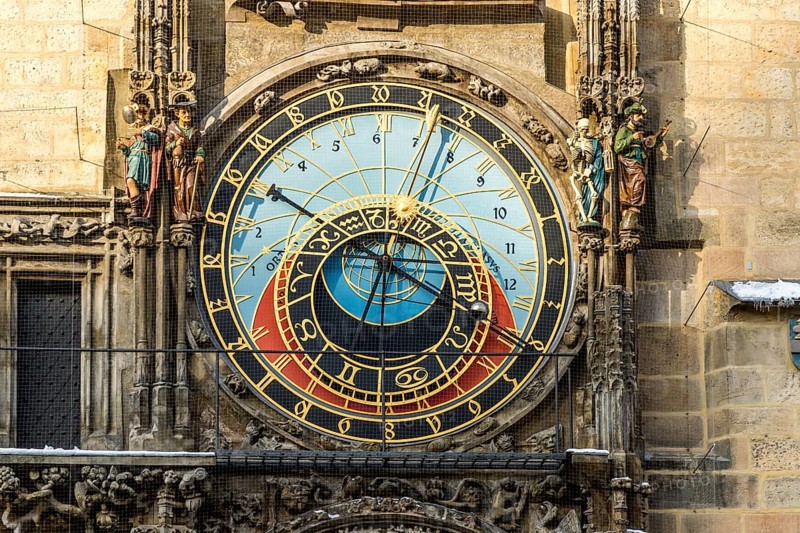 Detail of an astronomical clock with ornate figures and richly decorated details, The Prague Town Hall Clock, also known as the Apostle Clock or Old Town Astronomical Clock, Czech Pražský orloj or Staromestský orloj (from Latin horologium 'clock')