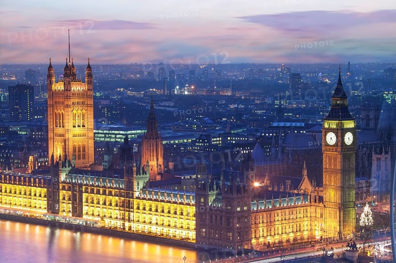 Elevated view of the Houses of Parliament at dusk, London, England, United Kingdom