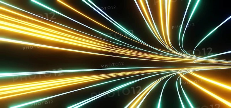 Dark background with colorful track of glowing lines, curve path of speed lights, futuristic speedy graphic design element. 3d rendering