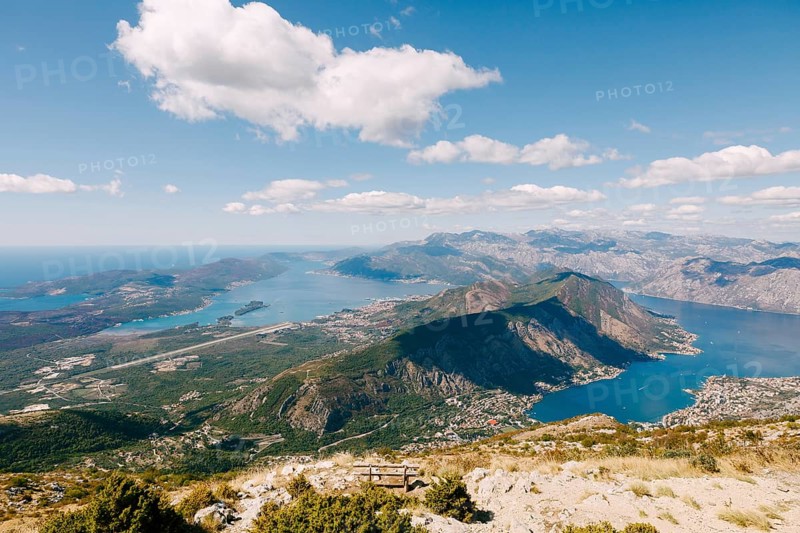 View from the observation deck of Mount Lovcen to the azure water of the Bay of Kotor.