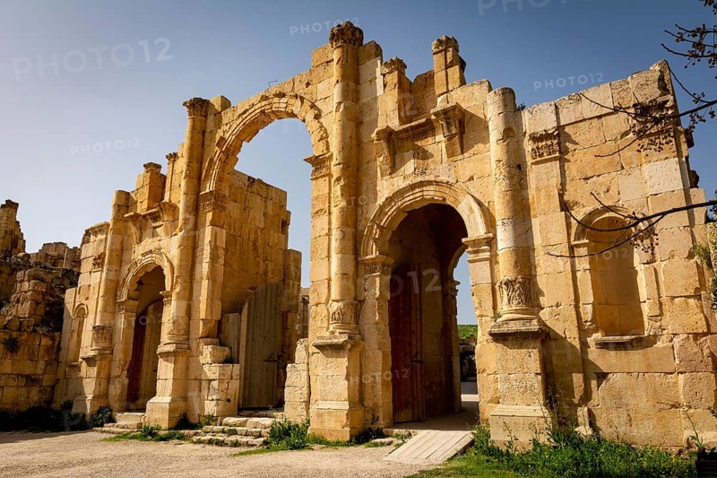 South Gate at historical Roman ruin site of Gerasa, Jerash, Jordan. Travel and tourism in Jordan