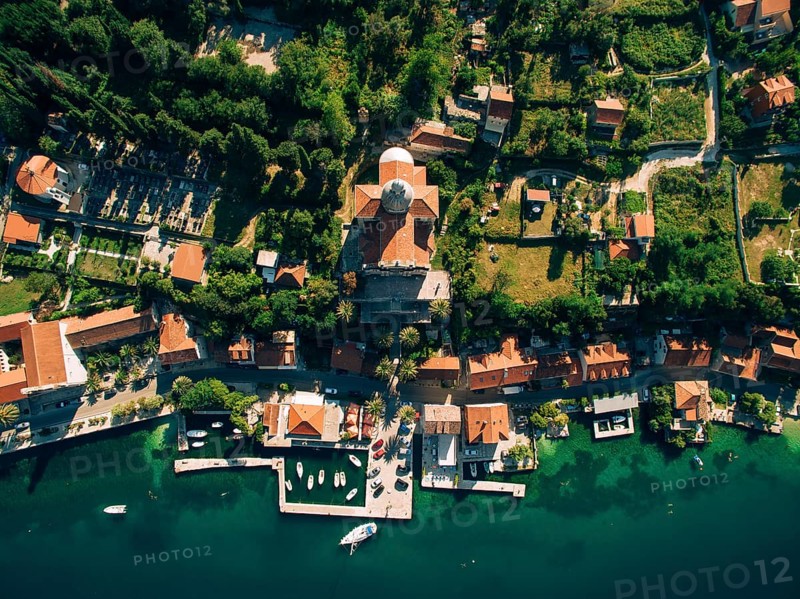 Prcanj, Montenegro The Bay of Kotor. Church of the Nativity of the Virgin. Aerial photography, Kotor Municipality, Montenegro