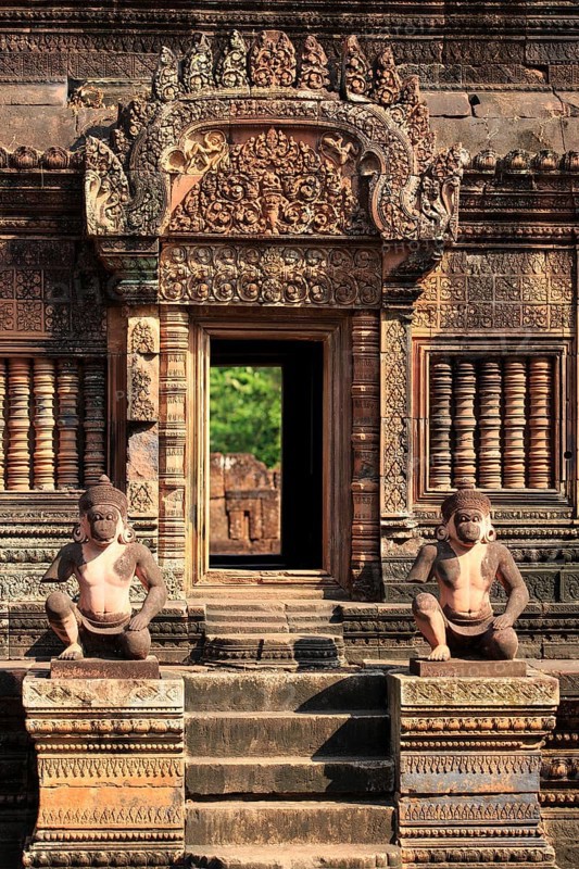 Detail of the temple complex of Banteay Srei in Cambodia