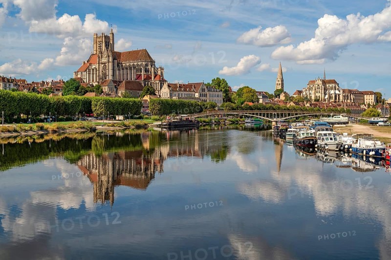 The three churches of Auxerre seen from Pont Paul Bert, Yonne river, Auxerre, departement Yonne, Burgundy, France