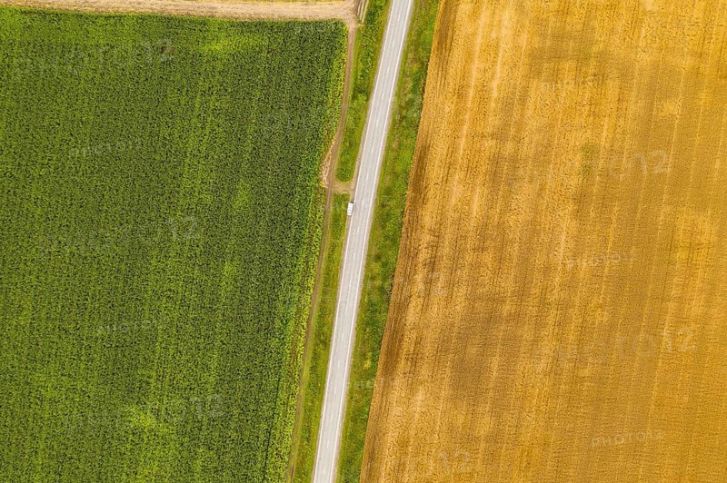 Aerial top view drone photography of a land with sown green fields in countryside