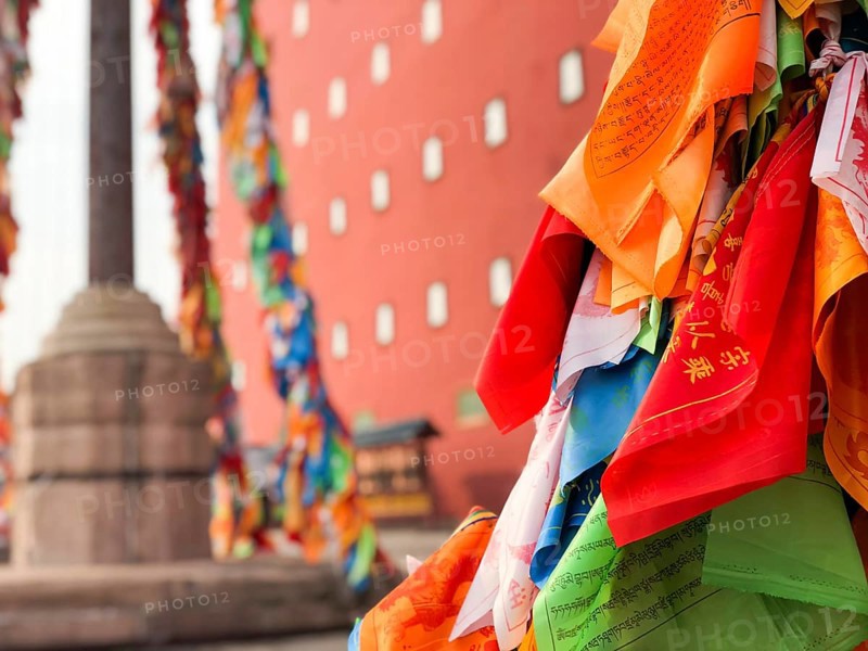 Buddhist color prayer flags at The Putuo Zongcheng Buddhist Temple, one of the Eight Outer Temples of Chengde, built in 1767 and modeled after the Potala Palace of Tibet. Chengde, China