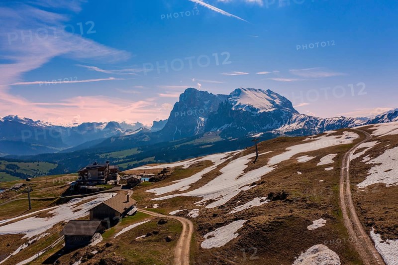 Panoramic view from the Seiser Alm to the Dolomites in Italy, drone shot