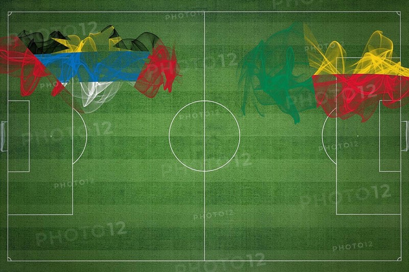 Antigua and Barbuda vs Benin Soccer Match, national colors, national flags, soccer field, football game, Competition concept, Copy space