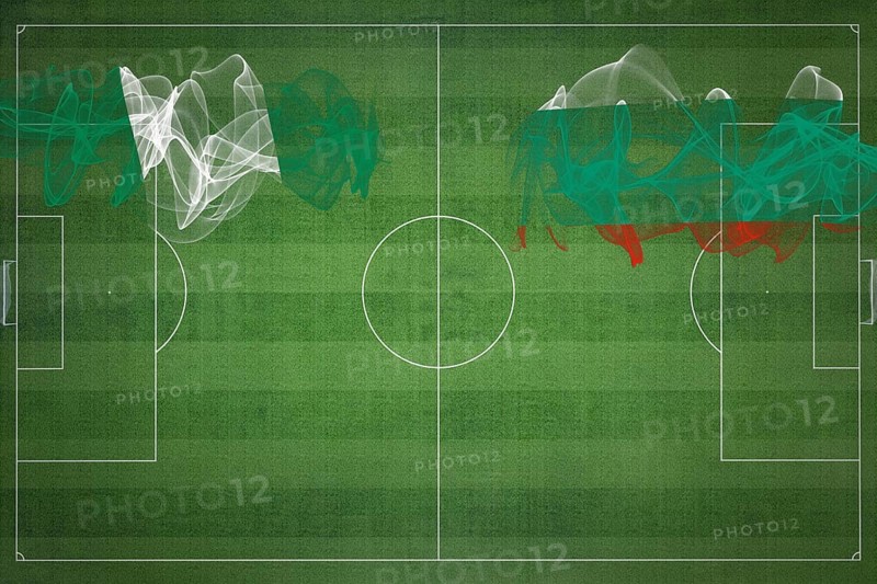 Nigeria vs Bulgaria Soccer Match, national colors, national flags, soccer field, football game, Competition concept, Copy space