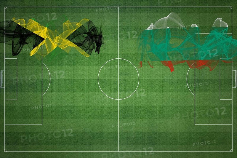 Jamaica vs Bulgaria Soccer Match, national colors, national flags, soccer field, football game, Competition concept, Copy space