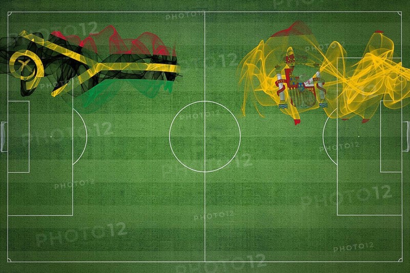 Vanuatu vs Spain Soccer Match, national colors, national flags, soccer field, football game, Competition concept, Copy space