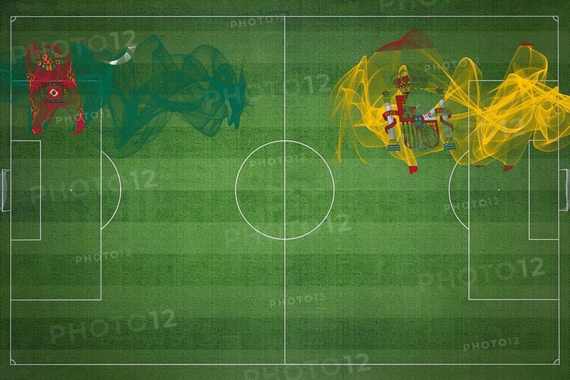 Turkmenistan vs Spain Soccer Match, national colors, national flags, soccer field, football game, Competition concept, Copy space
