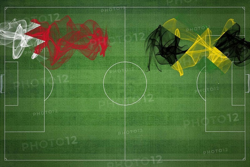 Bahrain vs Jamaica Soccer Match, national colors, national flags, soccer field, football game, Competition concept, Copy space