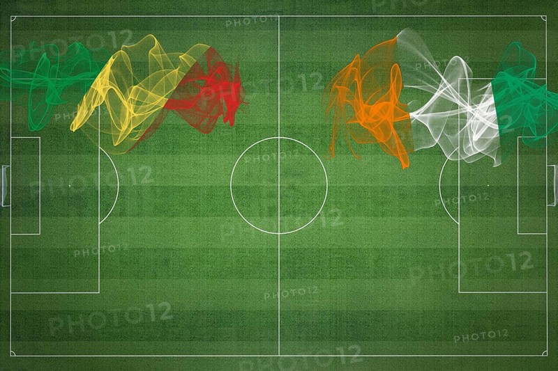 Republic of the Congo vs Ivory Coast Soccer Match, national colors, national flags, soccer field, football game, Competition concept, Copy space