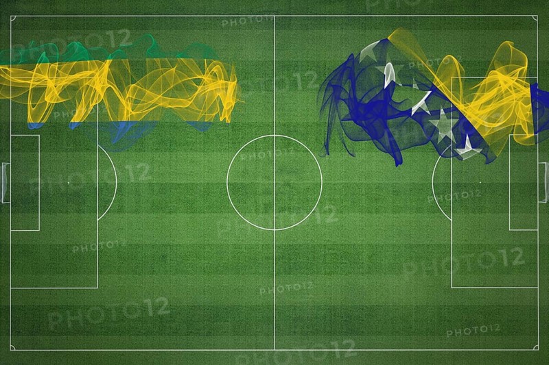 Gabon vs Bosnia and Herzegovina Soccer Match, national colors, national flags, soccer field, football game, Competition concept, Copy space