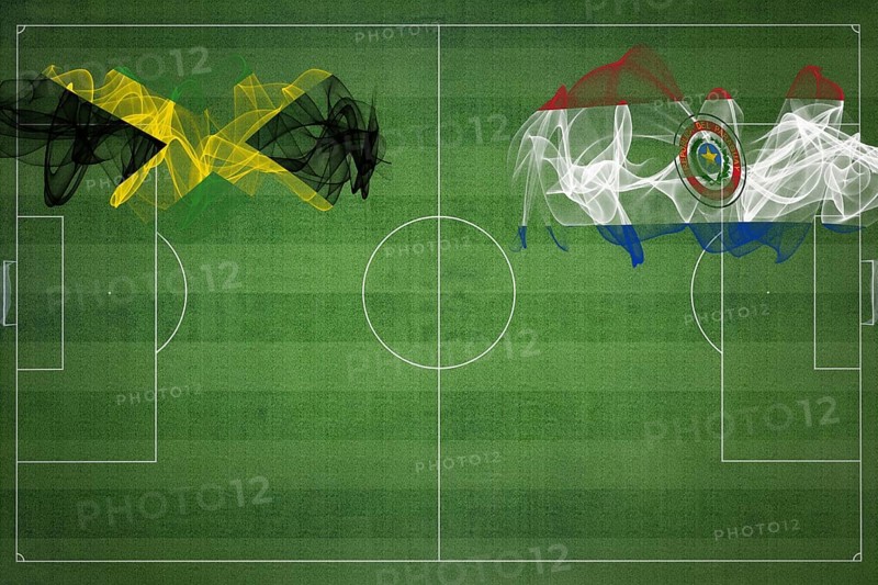 Jamaica vs Paraguay Soccer Match, national colors, national flags, soccer field, football game, Competition concept, Copy space