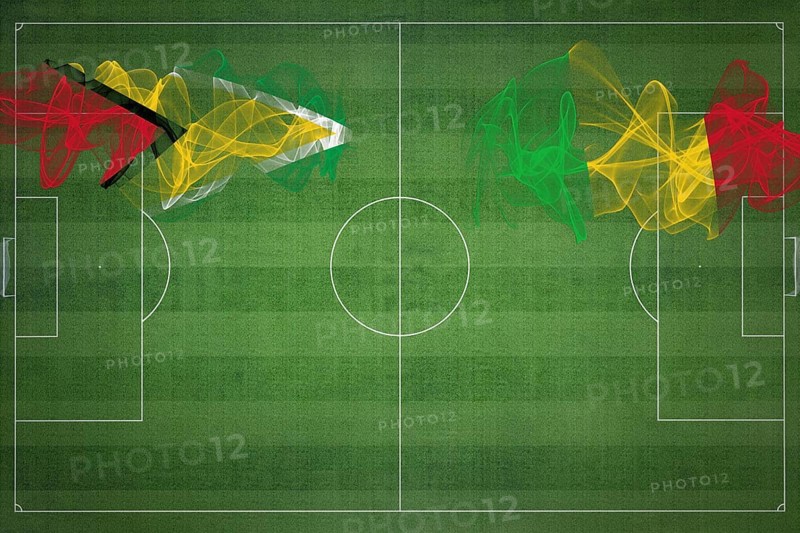 Guyana vs Mali Soccer Match, national colors, national flags, soccer field, football game, Competition concept, Copy space