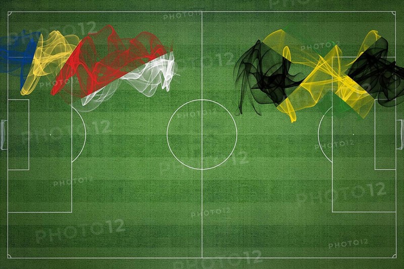 Seychelles vs Jamaica Soccer Match, national colors, national flags, soccer field, football game, Competition concept, Copy space