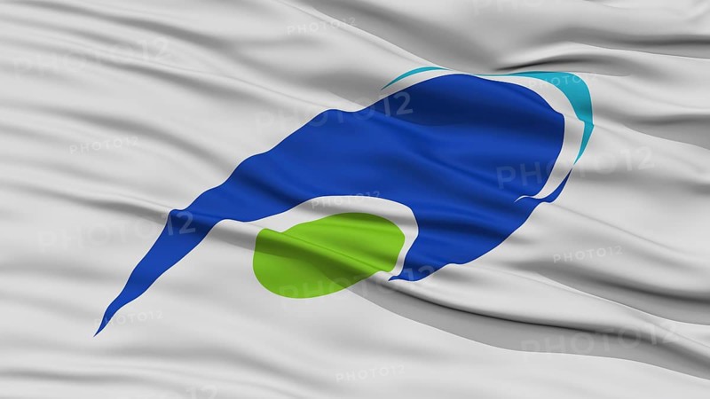 Closeup of Tsu Mie Flag, Capital of Japan Prefecture, Waving in the Wind, High Resolution