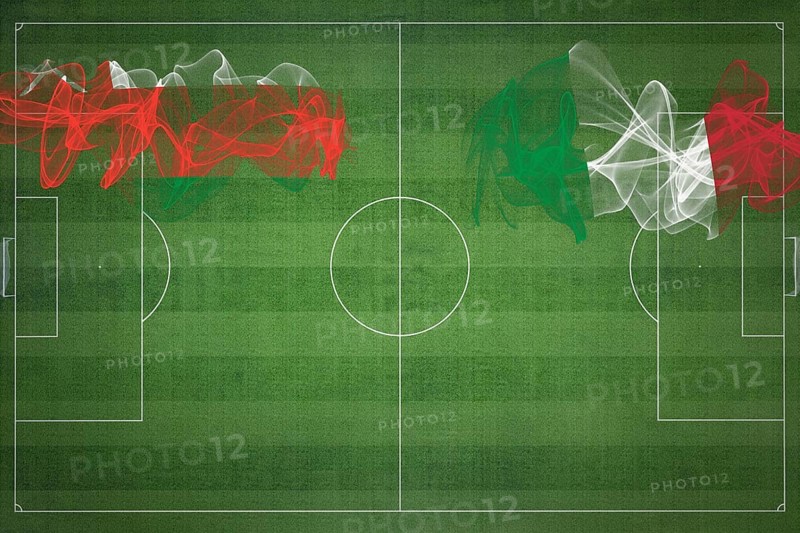 Oman vs Italy Soccer Match, national colors, national flags, soccer field, football game, Competition concept, Copy space