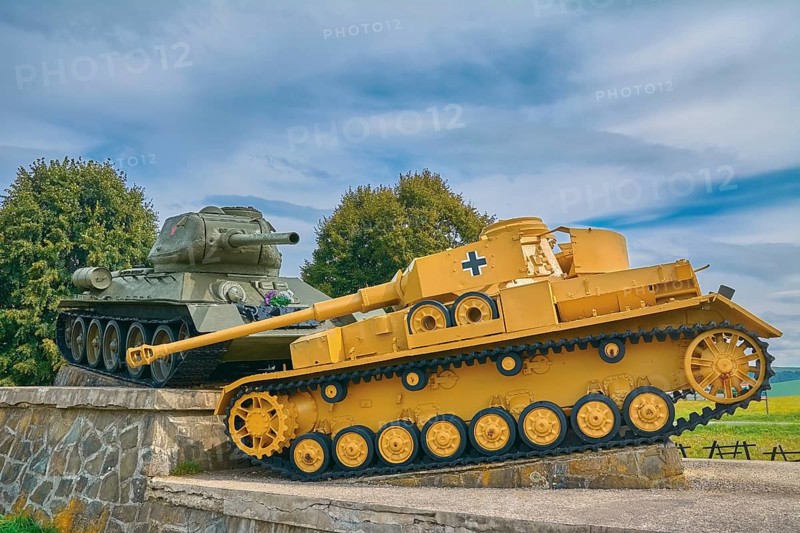 Soviet Tank beats German one on the Battlefield of World War II Kapisova, Slovakia