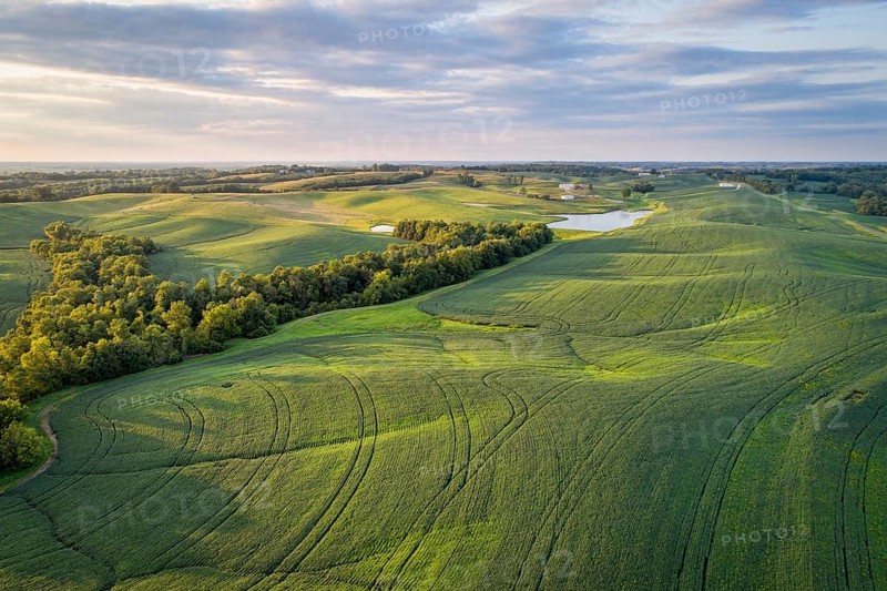 Aerial view of green soybean fields s in a valley of the Missouri River, near Glasgow, MO, late summer