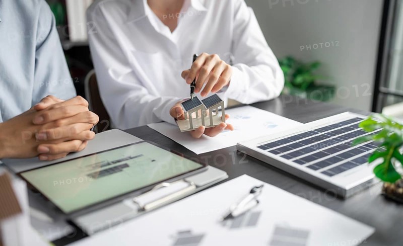 Solar panels green energy Business man working green eco friendly office business creative idea Planing Bio economy for business eco friendly professional Engineer sustainable electricity