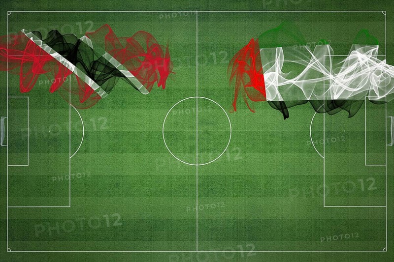 Trinidad and Tobago vs United Arab Emirates Soccer Match, national colors, national flags, soccer field, football game, Competition concept, Copy space