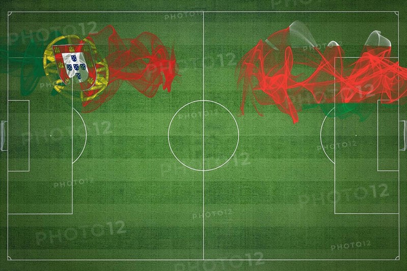 Portugal vs Oman Soccer Match, national colors, national flags, soccer field, football game, Competition concept, Copy space