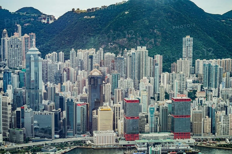 Hong Kong skyline visible from the observatory of Sky100. Shooting Location: Hong Kong Special Administrative Region