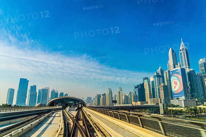 UAE Dubai skyline visible from the Dubai Metro. Shooting Location: Dubai