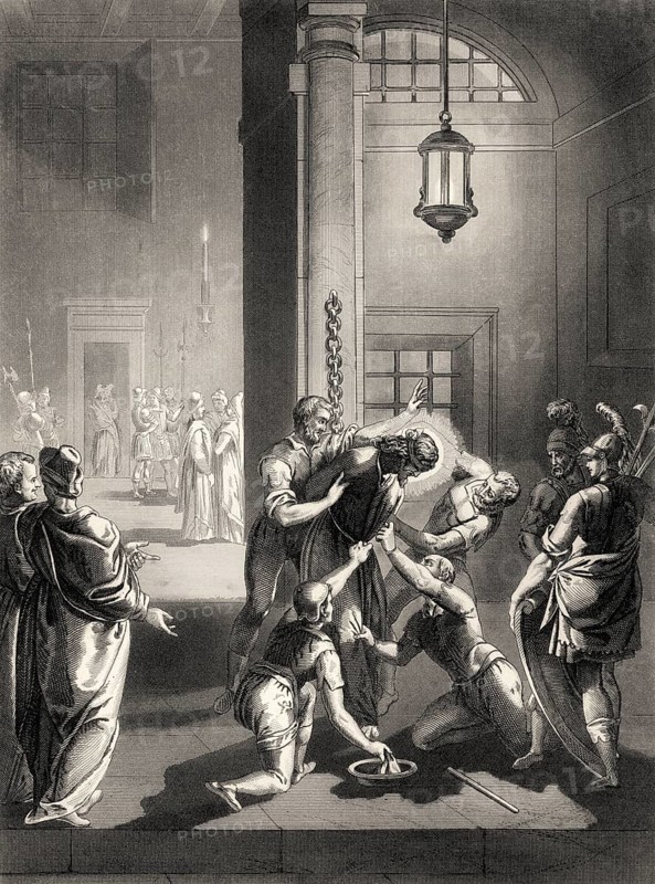 After the Sanhedrin trial of Jesus, New Testament, steel engraving 1853, digitally restored