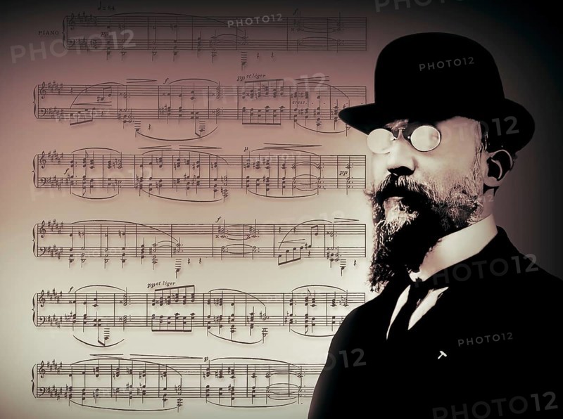 Erik Satie, 1866 – 1925, a French composer and pianist, notesheet for Deuxième Sarabande, digitally edited, 1909