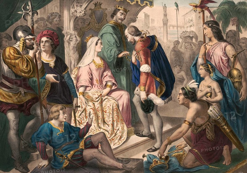 Christopher Columbus standing before King Ferdinand and Queen Isabella on his return to Spain, digitally optimized