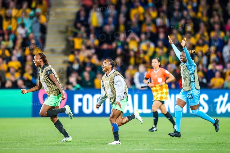BRISBANE, AUSTRALIA, JULY 27: Nigeria team celebrate beating Australia at the FIFA Women's World Cup Australia New Zealand 2023 at Brisbane Stadium on July 27, 2023