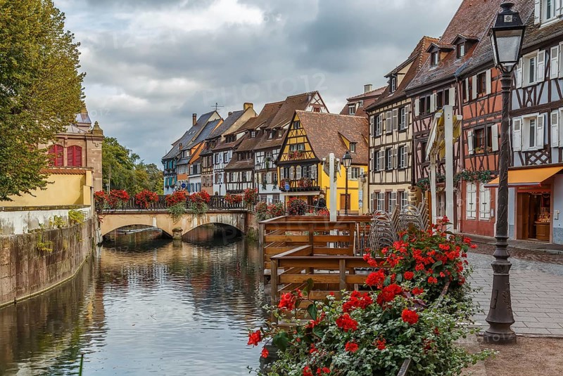 Embankment of Lauch River with historical houses in Colmar, Alsace, France