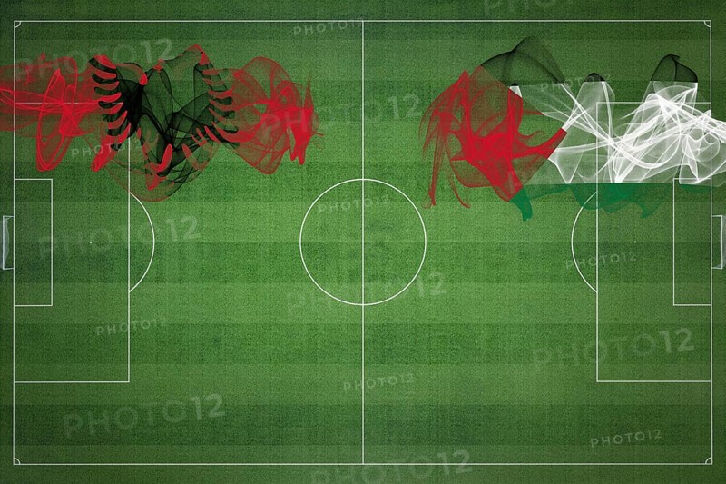 Albania vs Palestine Soccer Match, national colors, national flags, soccer field, football game, Competition concept, Copy space