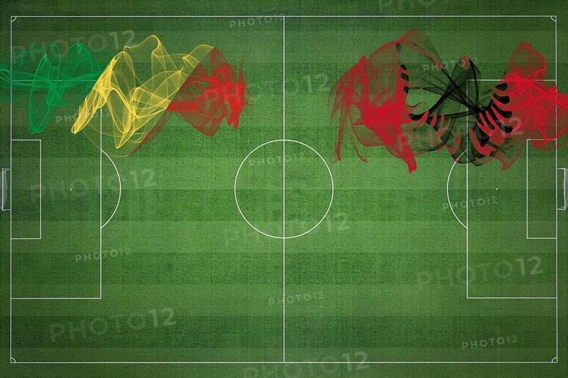 Republic of the Congo vs Albania Soccer Match, national colors, national flags, soccer field, football game, Competition concept, Copy space