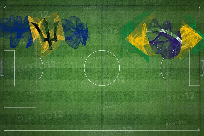 Barbados vs Brazil Soccer Match, national colors, national flags, soccer field, football game, Competition concept, Copy space