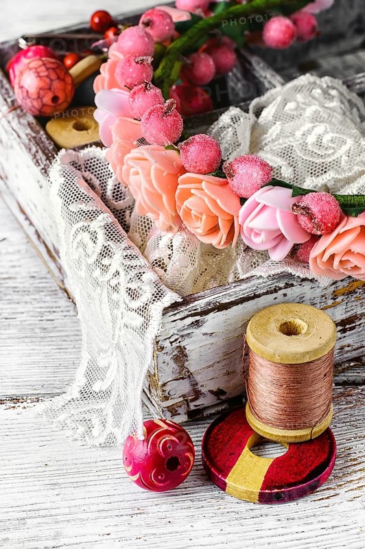 Stylish vintage wooden box with women jewellery and beads