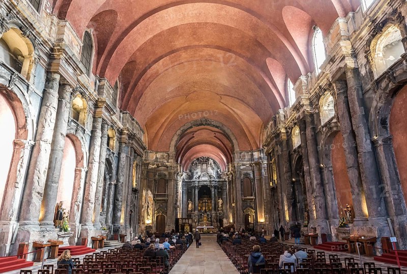 Lisbon, Portugal, 12 28 2018: Symmetrical interior design of the Roman Catholic Baroque church of Sao Domingos